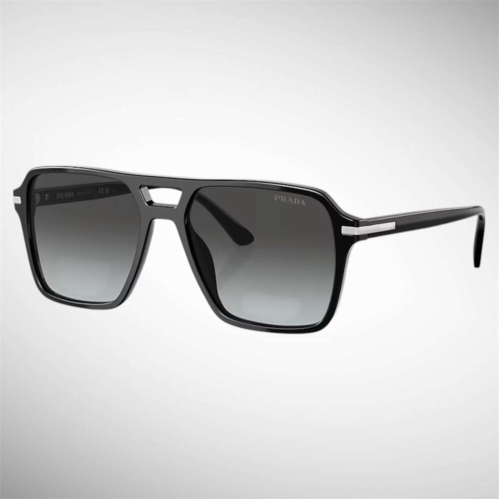 NEW PRADA Sunglasses Black Aviator Pilot 55-17mm Grey Lens Silver Logo - Picture 1 of 6